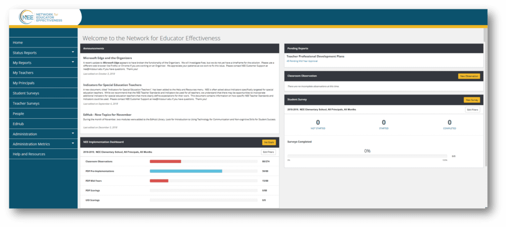 NEE Data Tool online teacher evaluation system dashboard