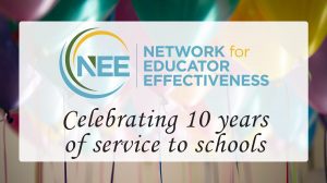 Photo of balloons with text NEE celebrates 10 years of service