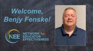 Chalkboard background with photo of Benjy Fenske and words "Welcome Benjy Fenske!" and NEE logo