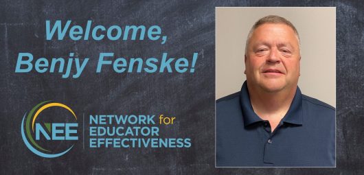Chalkboard background with photo of Benjy Fenske and words "Welcome Benjy Fenske!" and NEE logo